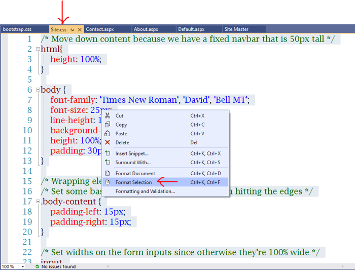 format css styles in Site.css