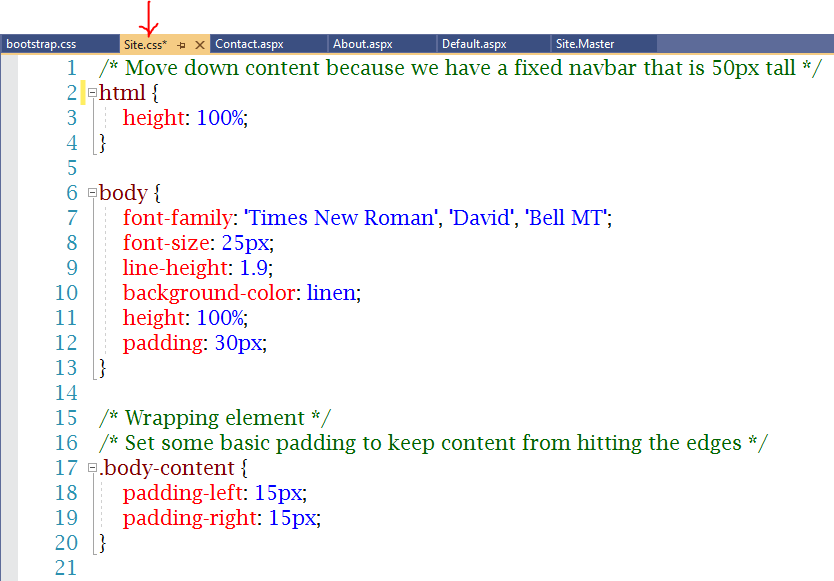 modify css styles in Site.css 1