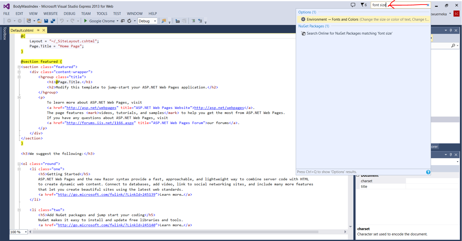 VS Express 2013 for Web: Change font size 1