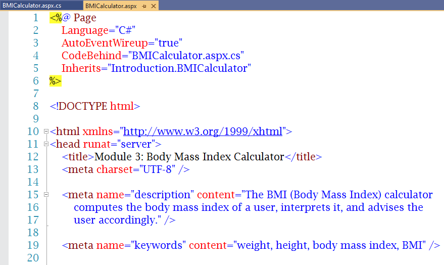 Code: BMICalculator.aspx 1