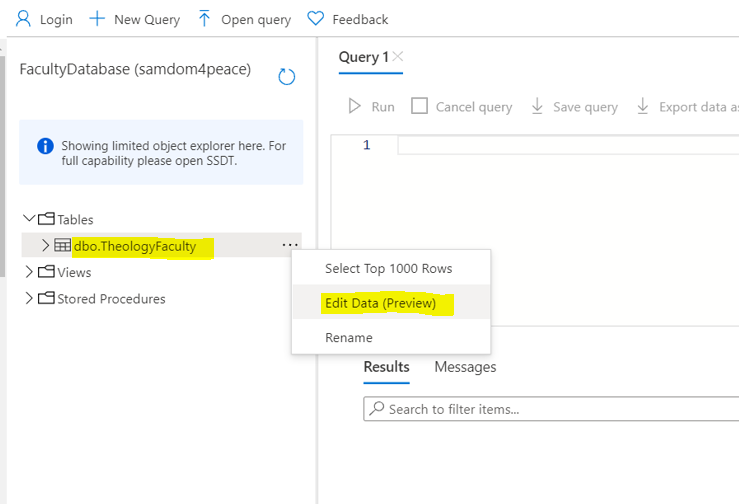 Preview Data: Azure SQL Database 1