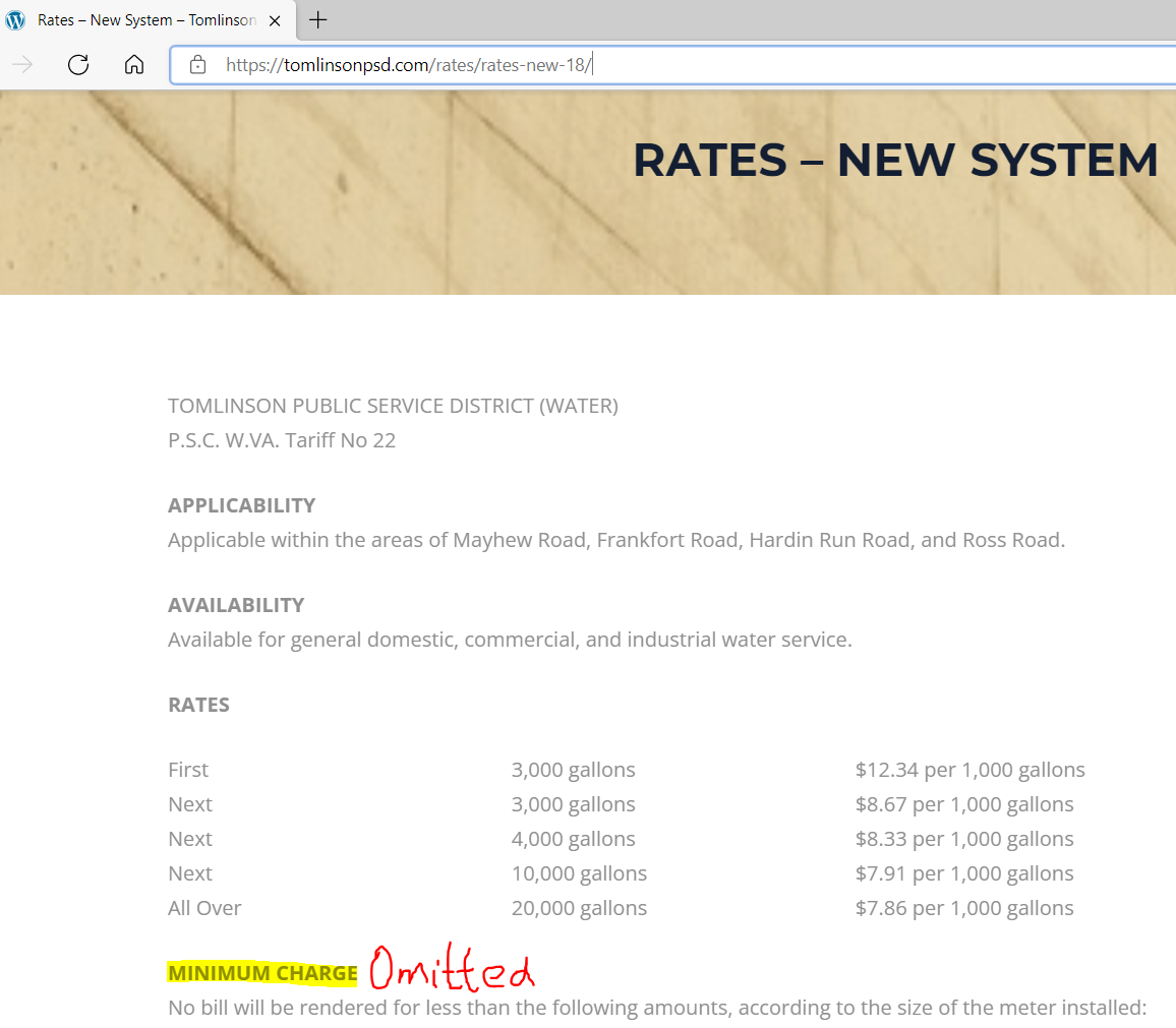 Tomlinson Public Service District: Water Rates