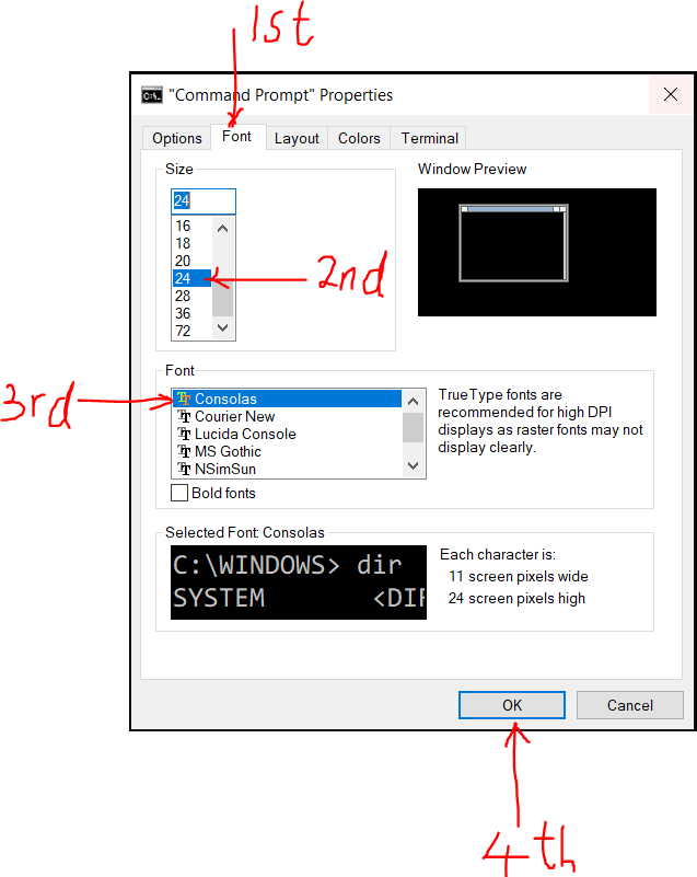 Change the font size of console window Step 3